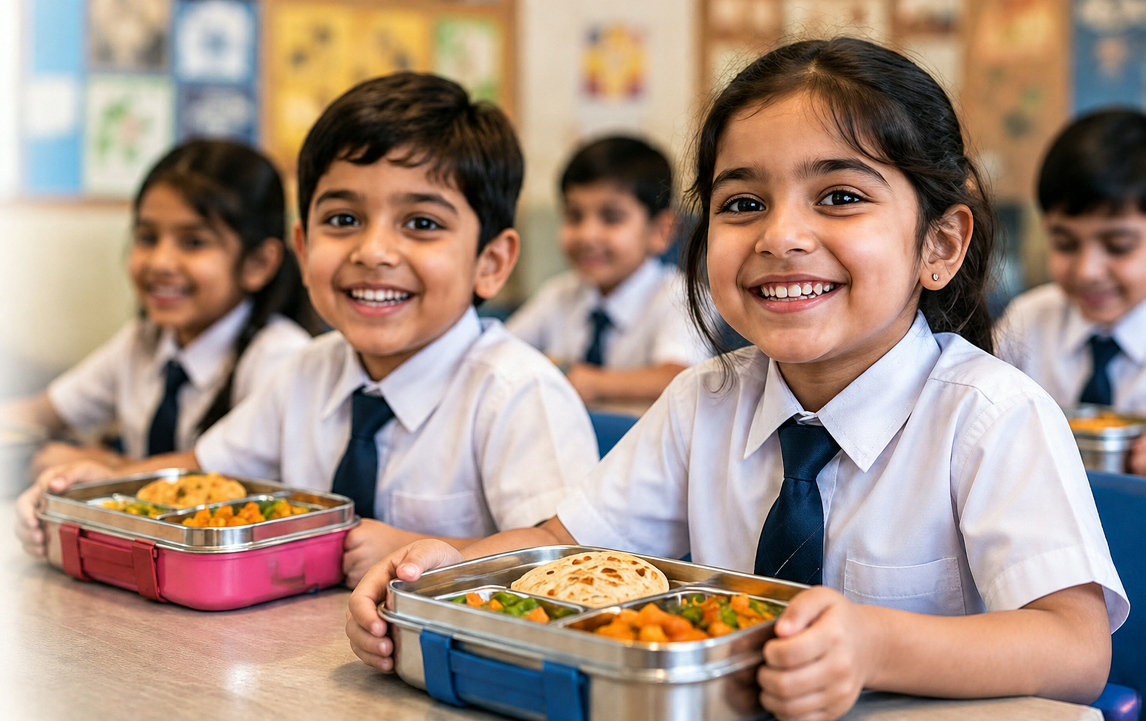 Happy Indian school children with tiffins