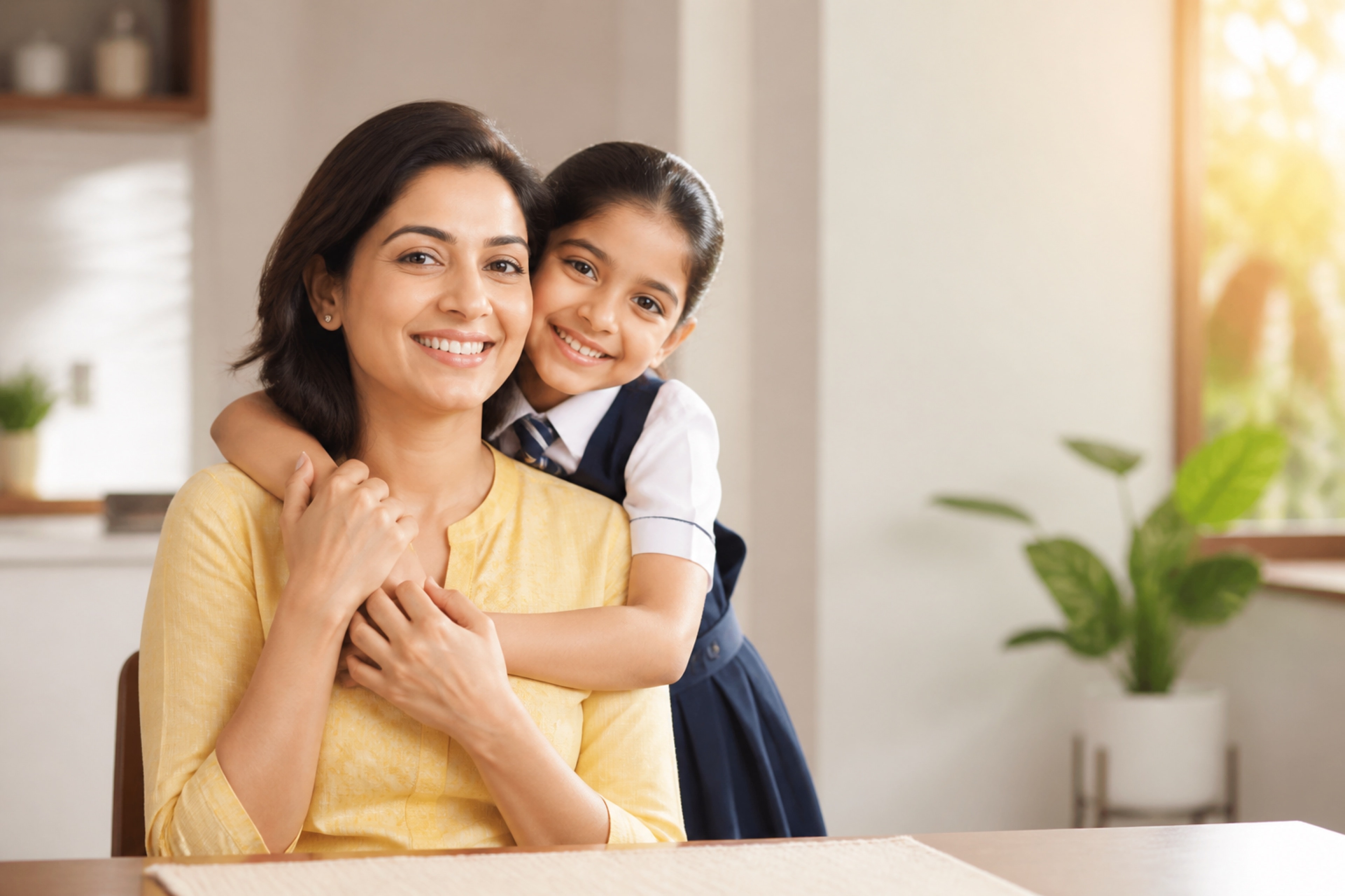 A happy Indian mother cuddled from behind by her smiling child in school uniform
